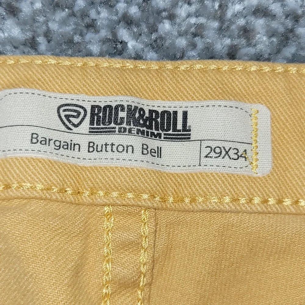 Rock & Roll Denim Mustard Yellow Bargain Button Bell Flare Jeans 29x34 Raw Hem